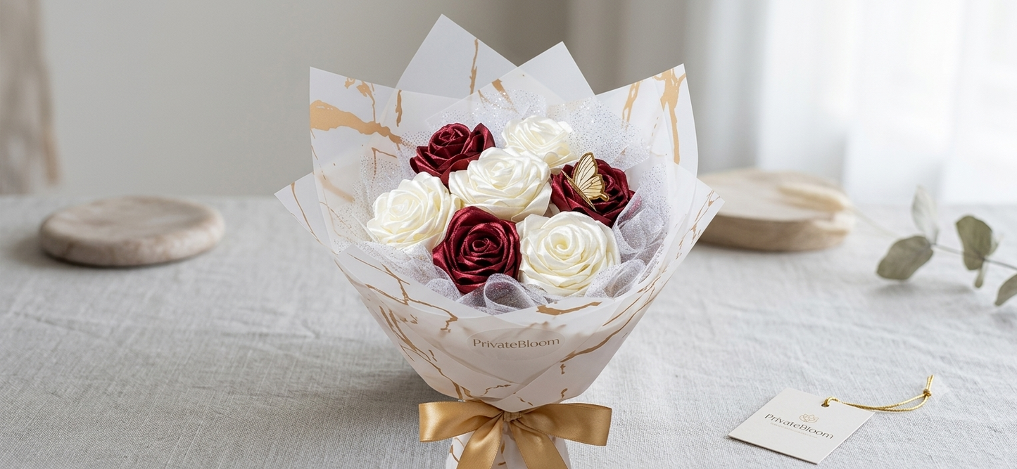 Elegant Satin Rose Bouquet – Maroon & Cream with Gold Marble Wrap